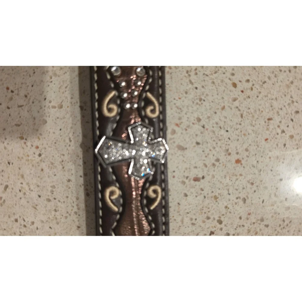 Ariat Leather Boho Western Belt Rhinestone Cross Conchos Engraved Buckle 26